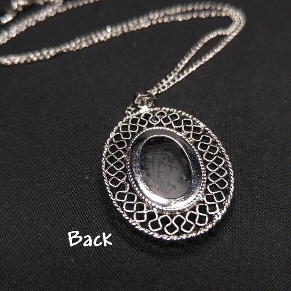 Whiting Davis Crystal Etched Cameo Pendant Necklace, Rhodium Plated, Book Piece - Picture 10 of 10